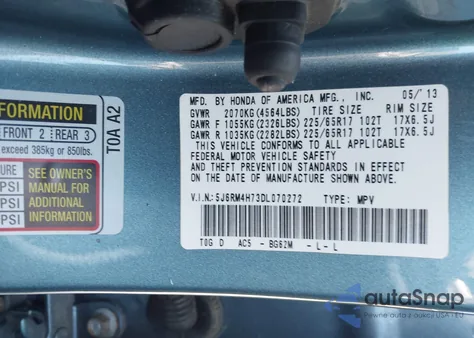 2013 Honda Cr-V Ex-L from USA, damaged, VIN 5J6RM4H73DL070272